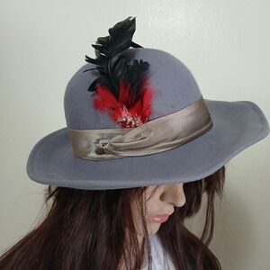 Vintage 70s/80s blue gray wool felt wide brimmed hat with silk & feather accents